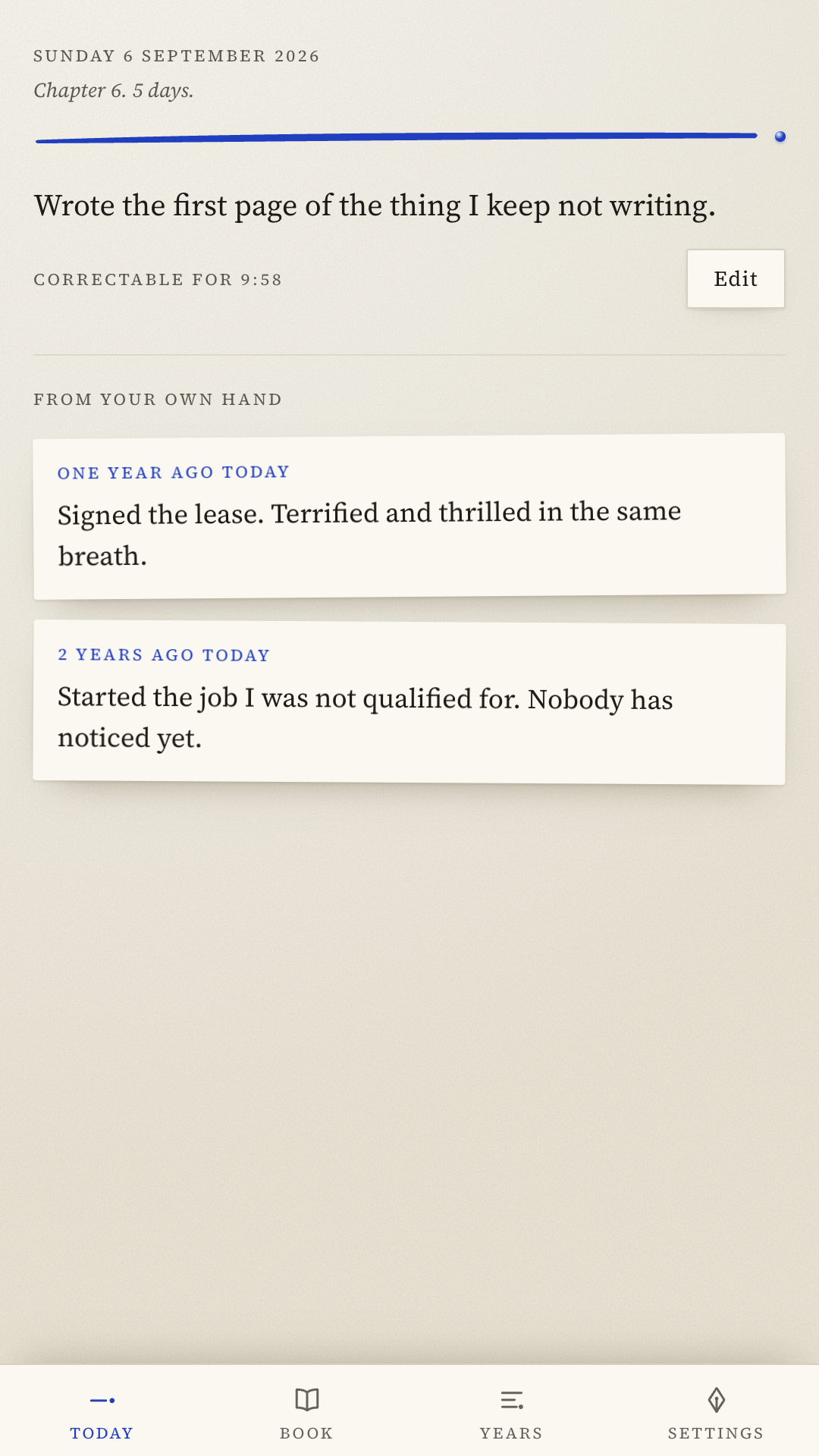 The Today screen: today's sentence above the sentences written on this date one and two years ago.