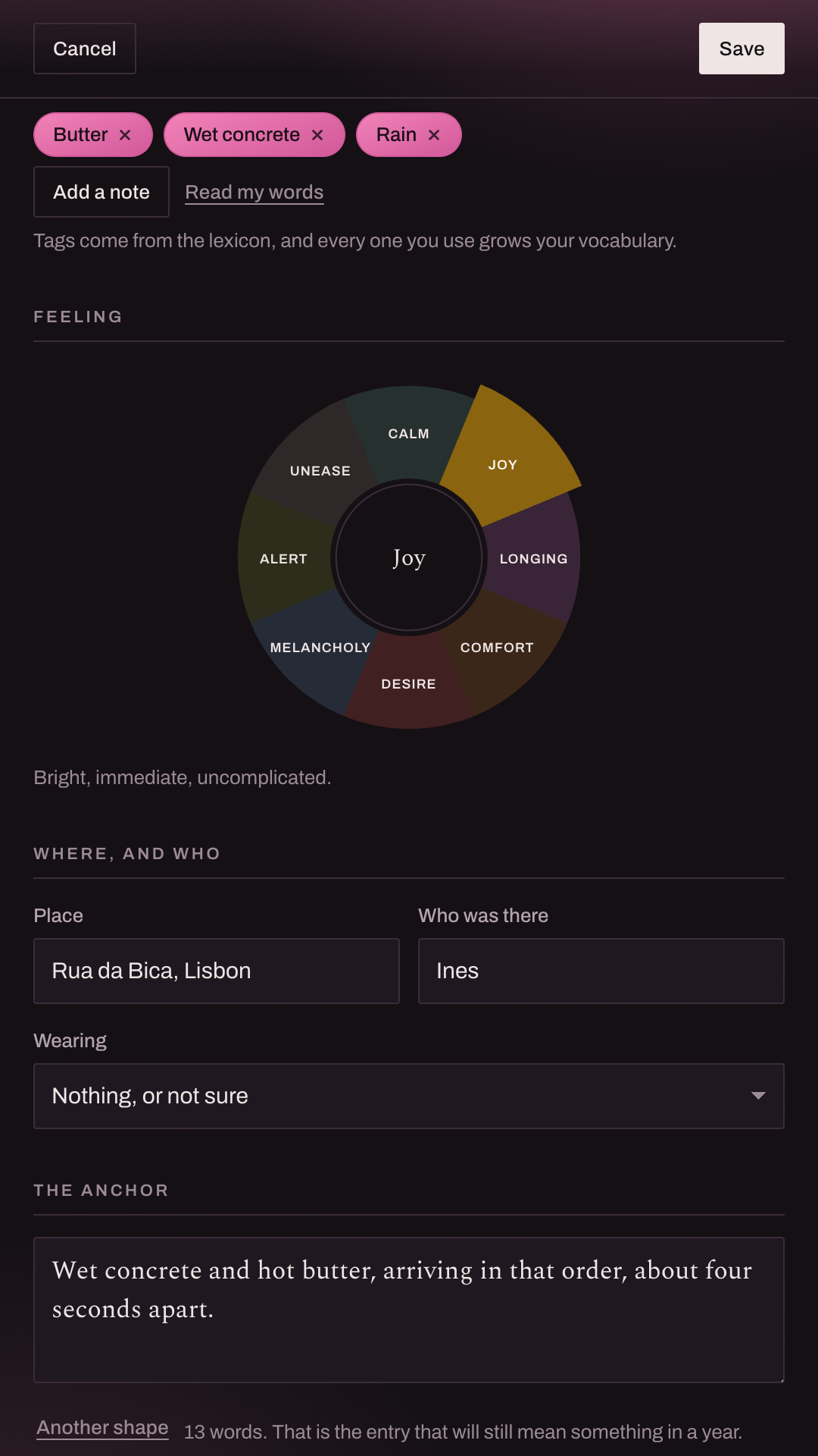 The entry screen: what you smelled, note tags drawn from the lexicon, an eight-part emotion wheel with Joy selected, and the place and people fields.