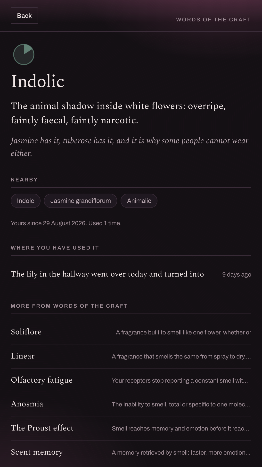 The lexicon card for indolic: what it is, where you meet it, nearby cards, and the journal entry where the word was used.