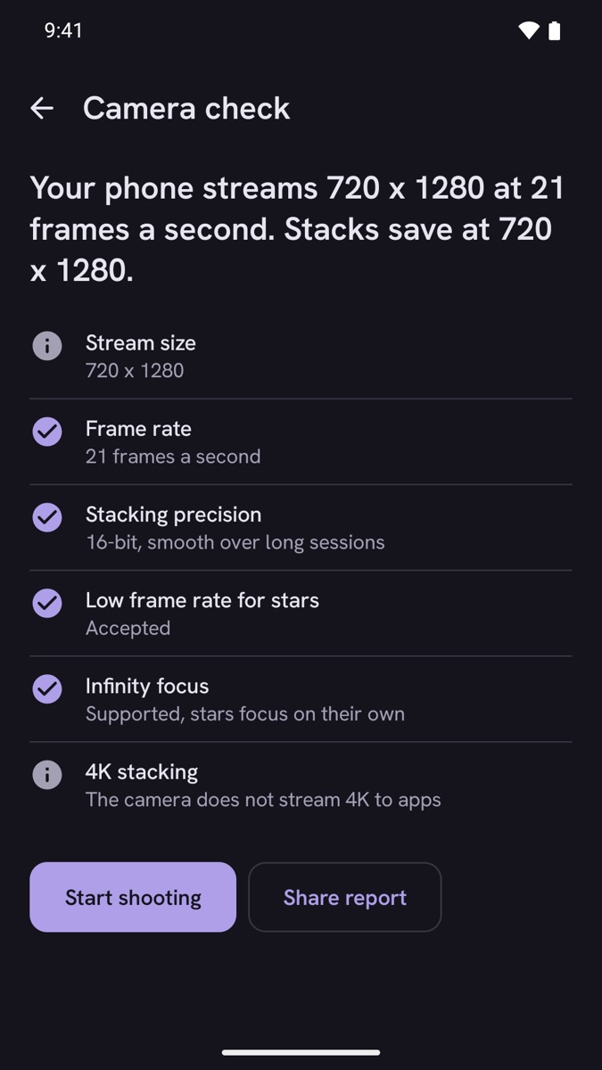 The camera check result: stream size, frame rate, precision and focus