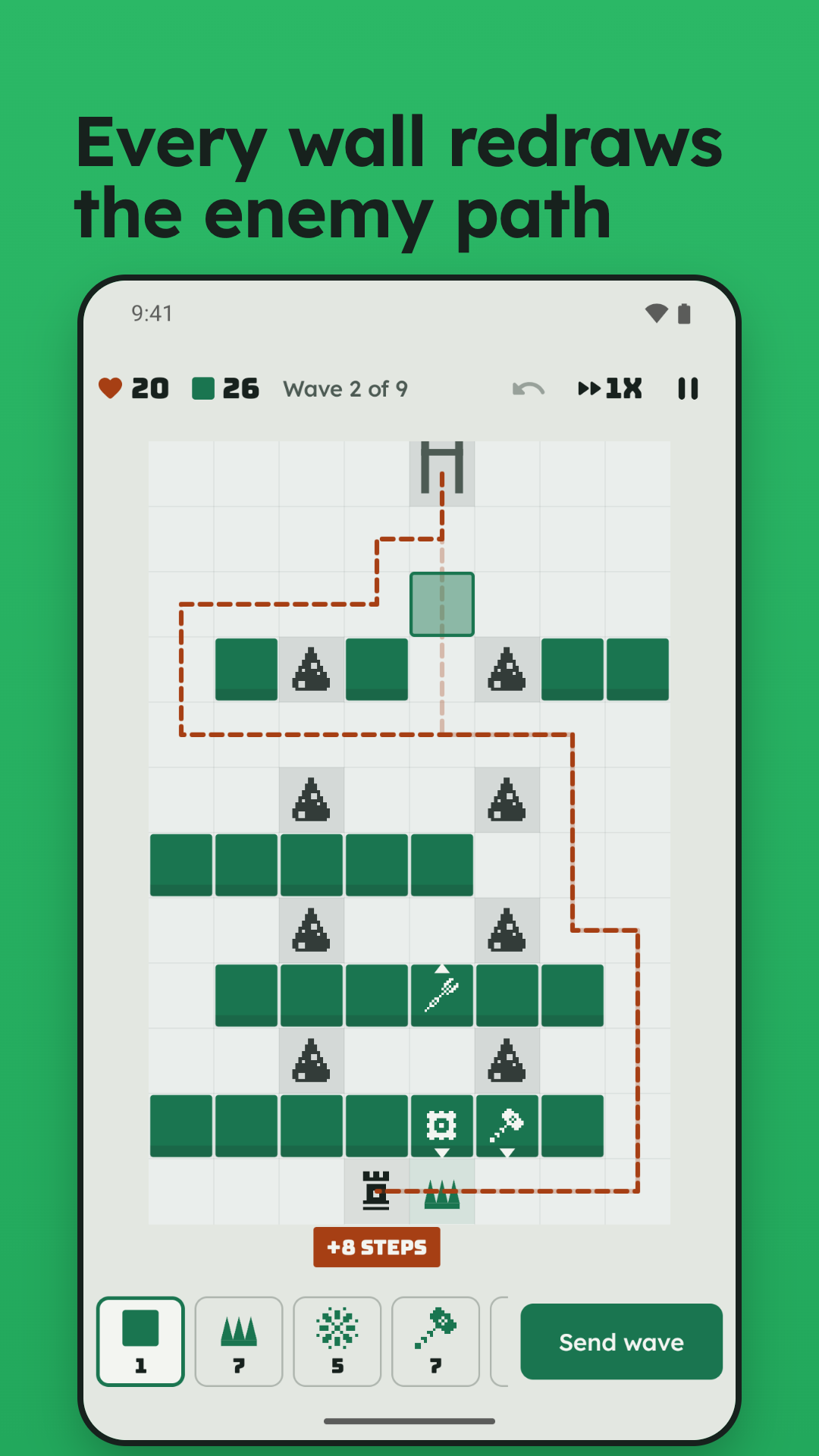 A Salt Mine level with a wall being placed, the dashed route bending around the maze and a chip reading plus 8 steps