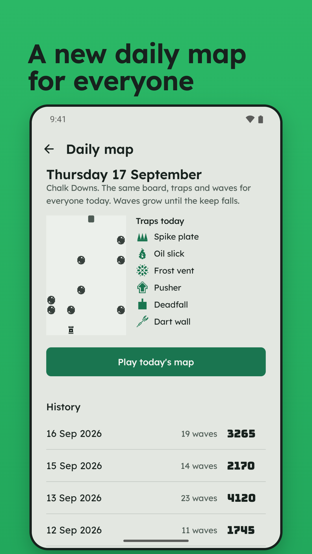The daily map screen with today's board, its six traps and a history of past scores