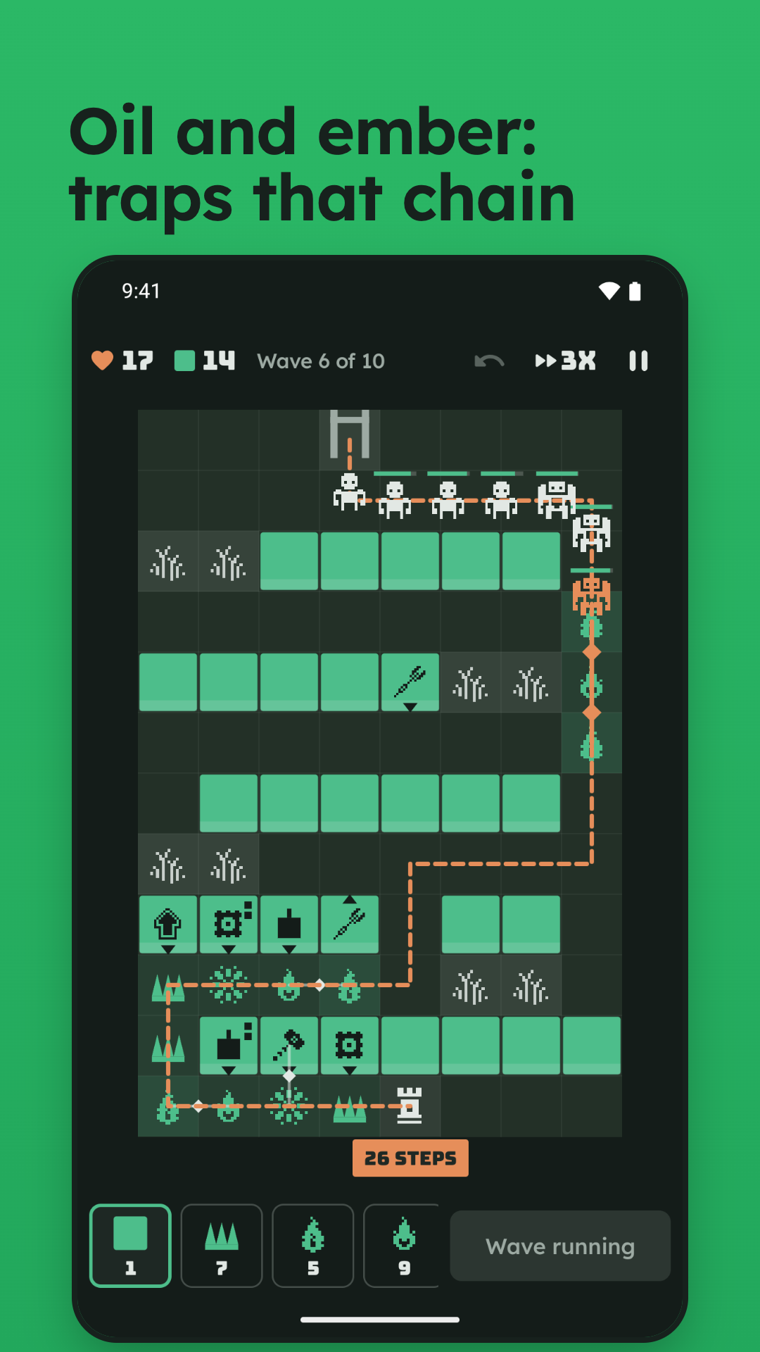Dark theme board at 3x speed with raiders coming down a walled route, one burning on oil beside an ember grate
