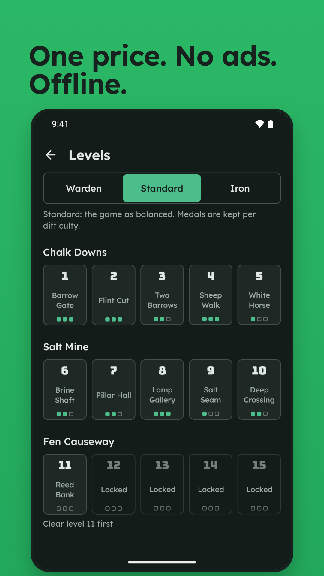 The level select in dark theme, three regions with medal pips under each level