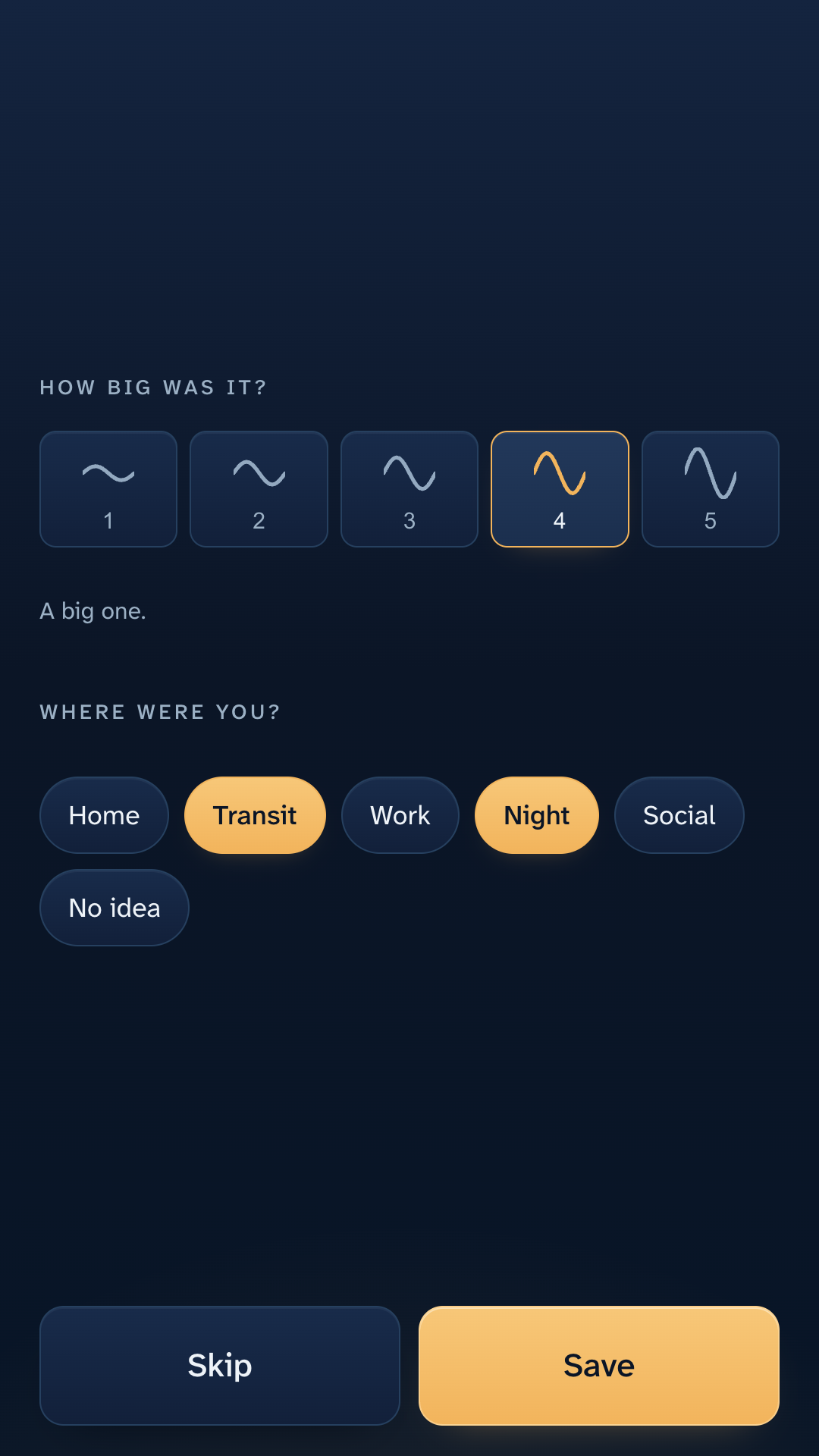 The storm log: five waves of increasing size, and context chips for home, transit, work, night and social.