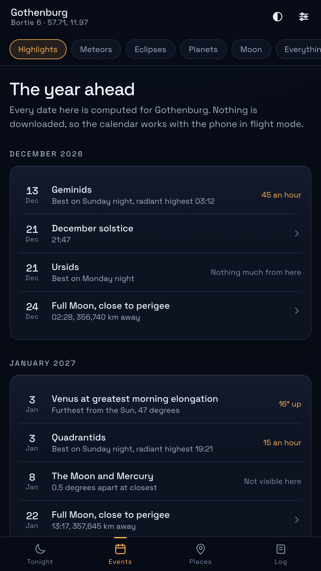 A calendar of the year ahead with the Geminids rated at 45 an hour and the Ursids marked as nothing much from here